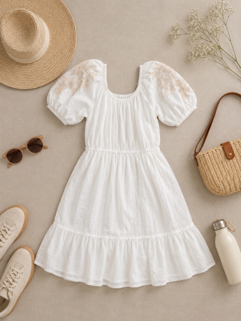 Knox Rose White Puff Sleeve Embroidered Boho Peasant Dress Women's Small S